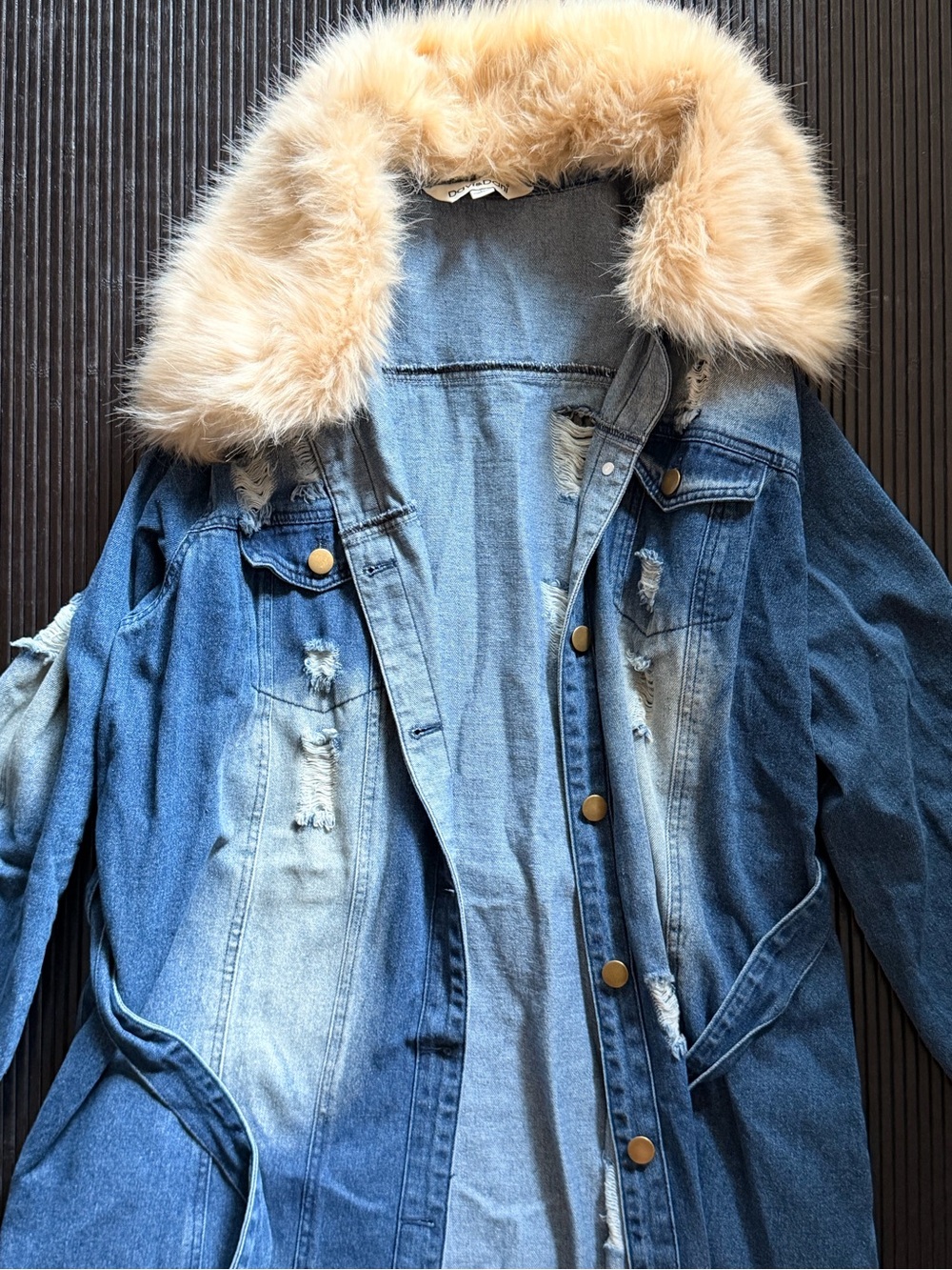 Anthropologie Blue Distressed Denim Jacket with Cream Faux Fur Hood
